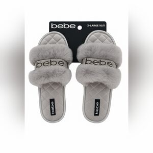 New Bebe Memory Foam Luxe Faux Fur Slide Slippers Gray Silver Size XL (10/11)